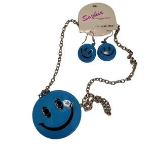 Sophia Happy face necklace matching dangle pierced earrings blue silvertone